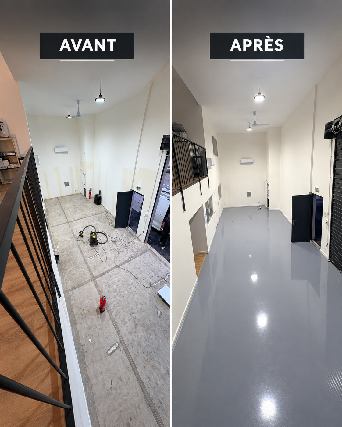 Avant après d'un aménagement de couloir professionnel avec sol en résine époxy gris brillant à Ajaccio