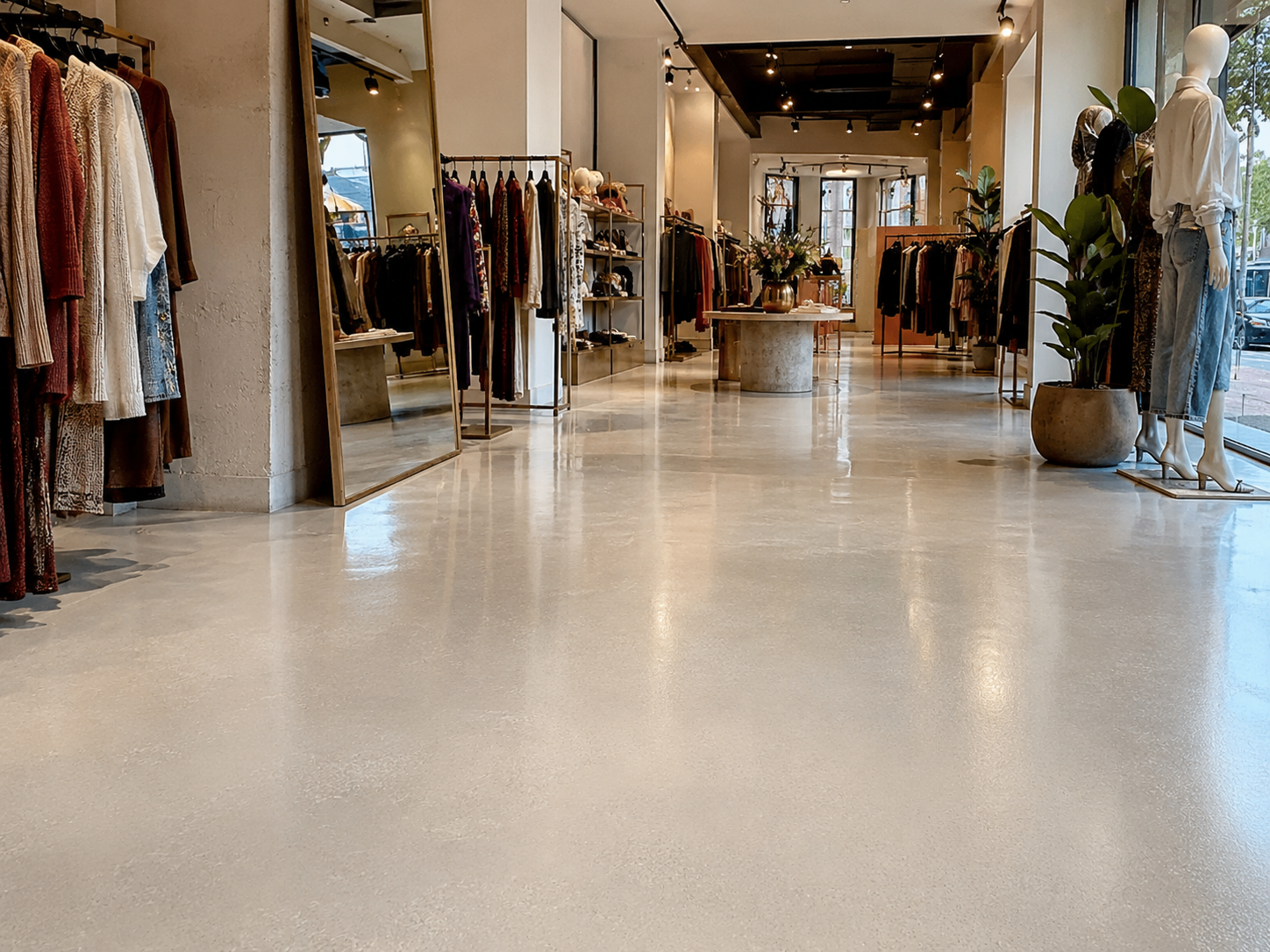 Sol résine époxy metallic noir dans une boutique à Calvi
